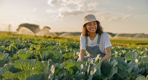 Agriculteur accroupi parmi les cultures.